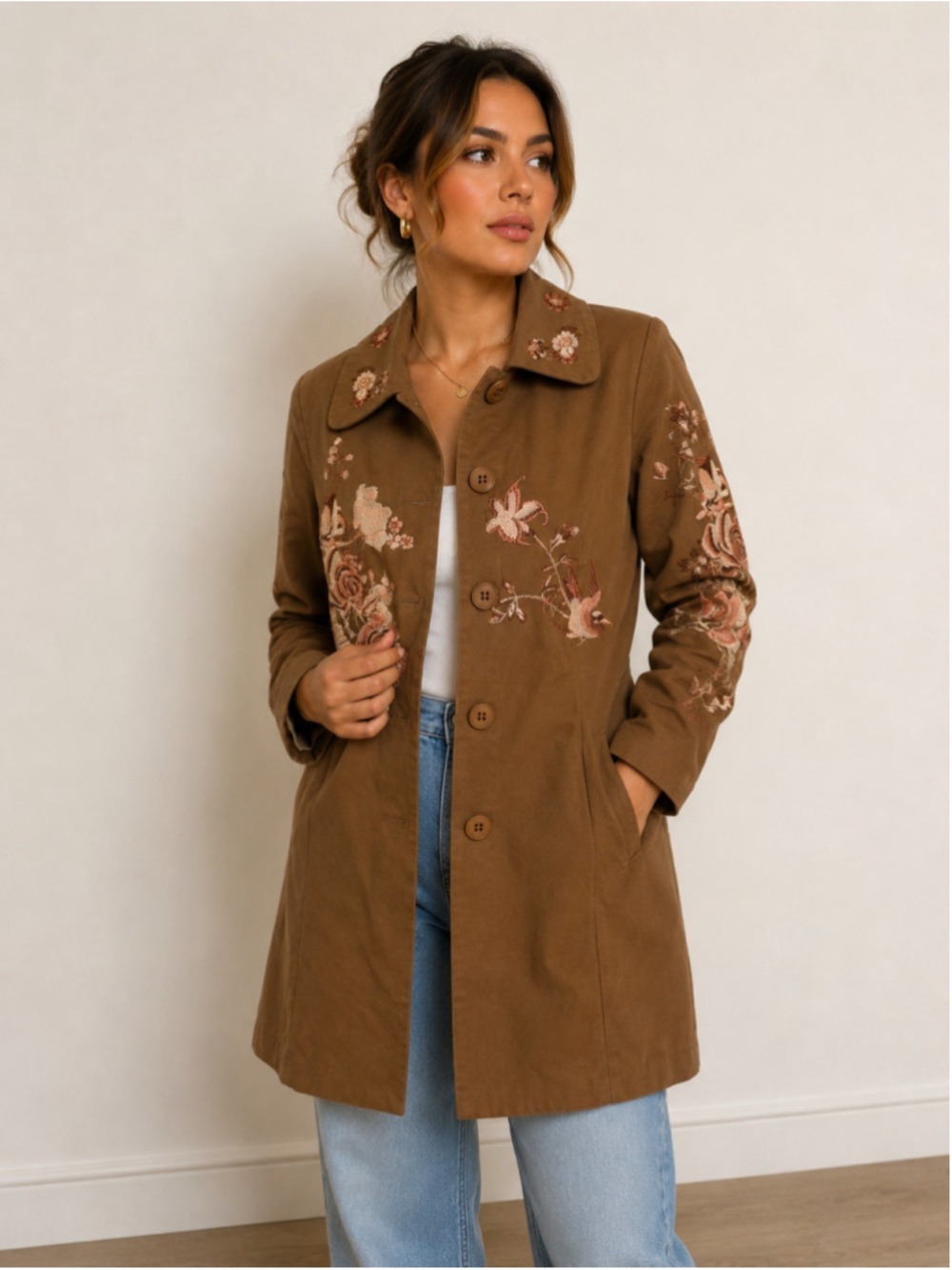 Friponne Women’s Brown Floral Embroidered Cotton Coat Jacket Estimated XS